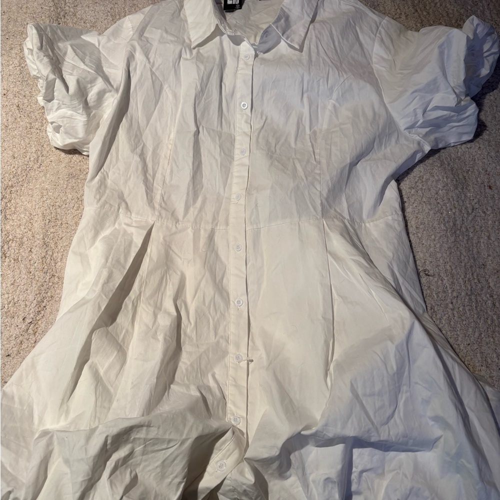 NWT Boohoo White Puff Ball Cotton Shirt Dress Balloon Bottom and Sleeves Size 18